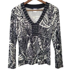 Boston Proper Animal Print V-Neck Top With Studded Neckline Size S